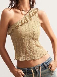 Bohemela Women's Summer BOHO Chic Solid Color Knitted Lace Slim Fit Ruffled One Shoulder Camisole - Yellow - View 4