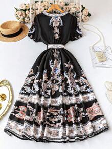 Elenzga Plus Size Vintage Palace-Style V-Neck Cross Strap Waist Flared Printed Dress - Multicolor - View 2