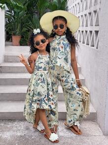 年轻女孩花卉图案露背优雅直筒简约连衣裙 - 杏色 - 查看 8