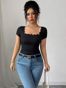 Selianne 夏季新款百搭黑色波浪边方领短袖侧褶女式T恤