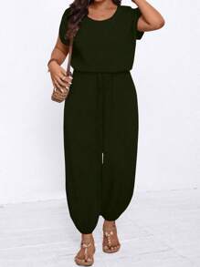 SHEIN LUNE Mono de manga corta, unicolor, informal, de talla grande - Verde militar - Ver 3
