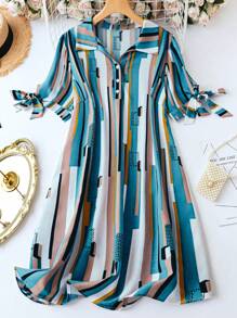 EMERY ROSE 大码女式条纹印花短袖休闲马球领连衣裙 - 綠色 - 查看 1