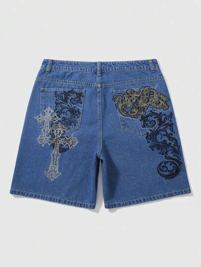 Goth Men's Summer Casual Cross Embroidered Denim Shorts