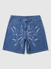 ROMWE MEN Goth Herren Lässig Denim Shorts mit gewaschenem Spinnen-Patch, Halloween