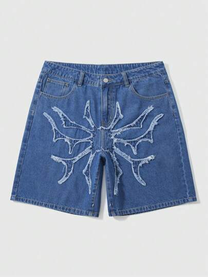 Goth Pantalones cortos vaqueros casuales para hombre con parche de araña lavado, Halloween