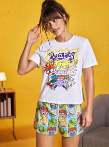 Nick 90s X SHEIN Conjunto de pijama de verano para mujer con top de manga corta y shorts con diseño de patrones de dibujos animados lindos