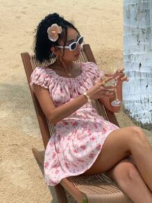 DAZY Women's Floral Print Off Shoulder Ruffle Trim Short Sleeve Vacation Dress,Beach Outfits