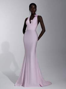Elitara Elegant Pink Luxurious Knitted Mermaid Hem Dress,Handmade Floral Decor Plunging V-Neck Off Shoulder Evening Gown For Formal Occasion,Ceremony & Party - Pink - View 5