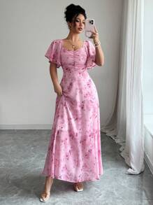 Modelyn Chiffon vlinderprint vleermuismouwen geplooide zoete Franse zomerjurk voor dames
