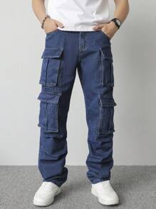 Manfinity Homme Men's Solid Color Multi-Pocket Casual Cargo Denim Jeans - Medium Wash - View 3