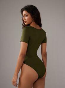 SHEIN Unity Bộ đồ liền thân đơn sắc ôm vừa vặn cổ vuông tay ngắn giản dị dành cho nữ, đa năng cho việc đi lại hàng ngày - xanh quân đội - Xem 2