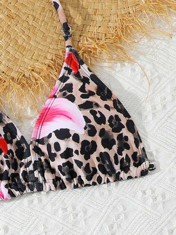 青少年女孩 3 件比基尼套装，时尚针织豹纹泳衣带罩衫，时尚优雅，适合游泳、度假、夏季年轻女孩夏季服装年轻女孩套装青少年泳衣 2 件套 - 彩色 - 查看 4