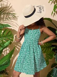 青少年女孩蝴蝶结荷叶边休闲度假碎花吊带背心连衣裙 - 綠色 - 查看 7