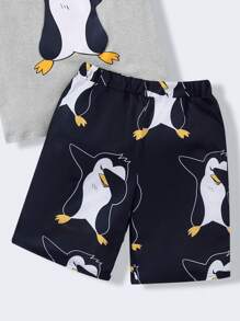 SHEIN 2pcs Tween Boys Cute Penguin Print T-Shirt And Shorts Set, Pajamas