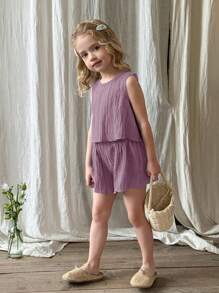 SHEIN LMoss Kids 2pcs Young Girl Woven Solid Color Round Neck Sleeveless Top And Shorts Set