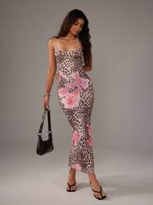 TRNVIE 女式豹纹露背修身鱼尾连衣裙长款女装