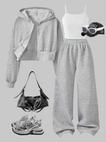 SHEIN 3-Piece Casual Fashion Set For Teenage Girls, Includes Solid Color Fleece Hooded Jacket, Camisole, And Wide-Leg Pants, Suitable For Daily Wear, Commuting And School