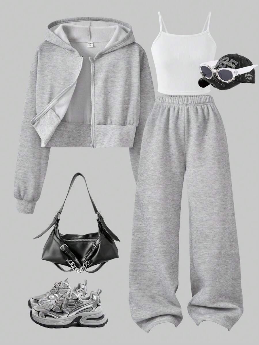 SHEIN 3-Piece Casual Fashion Set For Teenage Girls, Includes Solid Color Fleece Hooded Jacket, Camisole, And Wide-Leg Pants, Suitable For Daily Wear, Commuting And School