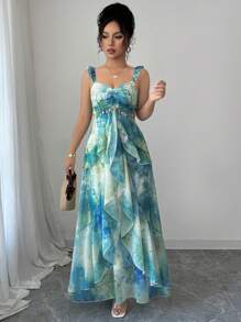 Elenzga 女式优雅飘袖心形领口收腰荷叶边分层不对称下摆 A 字形扎染水彩花卉印花长款连衣裙，休闲夏季 - 彩色 - 查看 7