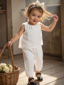 SHEIN Baby Girls Casual Korean Style Lace Collar Jacquard Weave Patterned Woven Top And Pants Set For Summer - White - View 8