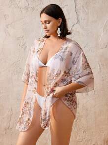 Swim Chiccia Kimono de cardigan de talla grande para mujer, estampado floral, sexy, para cubrir en la playa