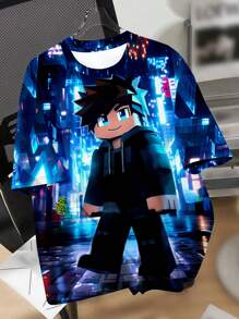 青少年男孩休闲经典像素方块人物赛博朋克图案印花短袖圆领 T 恤，适合夏季 - 彩色 - 查看 2