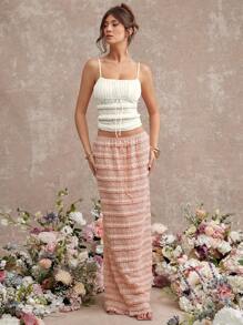 L'Amorae 女式正面系带撞色蕾丝荷叶边吊带背心 - 杏色 - 查看 4