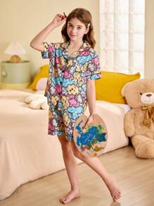 SHEIN Conjunto de pijama de niña preadolescente con estampado de nubes y pantalones cortos de manga corta