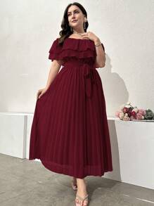Modelyn Große Größen Frühlings- und Sommer Einfarbiges Off-Shoulder Rüschen-Plissee-Kleid Lange Abendkleid