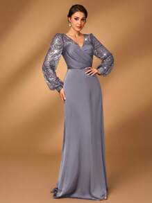 Serin Váy dài tay chữ A bằng vải satin xếp nếp thêu kim sa lấp lánh thanh lịch, cổ tim xếp nếp, thích hợp cho tiệc Gala, tiệc tối, đám cưới, váy dạ hội cho mẹ cô dâu - Xám - Xem 3