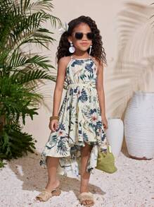 年轻女孩花卉图案露背优雅直筒简约连衣裙 - 杏色 - 查看 4