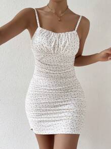 Breezaya Ditsy Floral Ruched Bodycon Dress Vacation Beach Outfits Women - Yellow - View 6