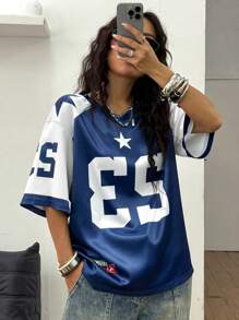 Coolane 女士和男士夏季情侣同款外出街头装数字图案足球球衣 T 恤 - 藍色 - 查看 5