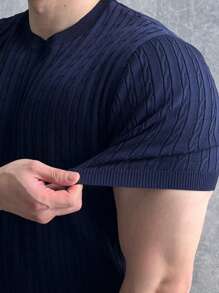 DAZY Jersey de punto de cuello redondo con textura de tela lisa en azul marino para hombre, verano