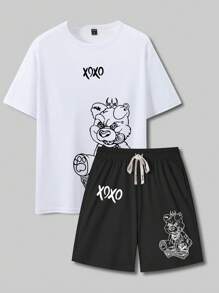 Manfinity Homme 2pcs/Set Men Graphic Short Sleeve T-Shirt And Shorts Set, Fashion For Summer Streetwear, Cozy Outfits - Multicolor - View 2