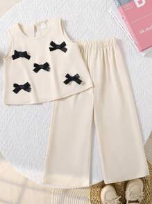 2pcs/Set Young Girl Fashionable Cute 3D Bow Sleeveless Tank Top And Capri Pants Set, Versatile For Vacation & Outings, Spring/Summer