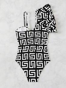 SHEIN Swim Women's Ruffle Sleeve Geometric Print Twist Front One Piece Swimsuit (Random Print) For Summer Beach Vacation