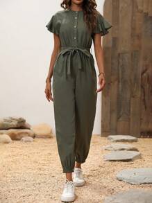 SHEIN PETITE Mono estilo vacaciones primavera/verano para mujer con mangas cortas, mitad botón en puños y piernas rectas