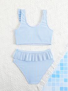 Bikini-Set mit gefaltetem Doppellagen für Mädchen im Teenager-Alter, aus blauem Spezialmaterial, stilvolles und elegantes Design, geeignet zum Schwimmen, für den Urlaub, Sommer-Outfit für Kleine Mädchen, Badeanzug-Set für Mädchen, Bikini-Set für Kinder, Zweiteiler-Badeanzug für Mädchen