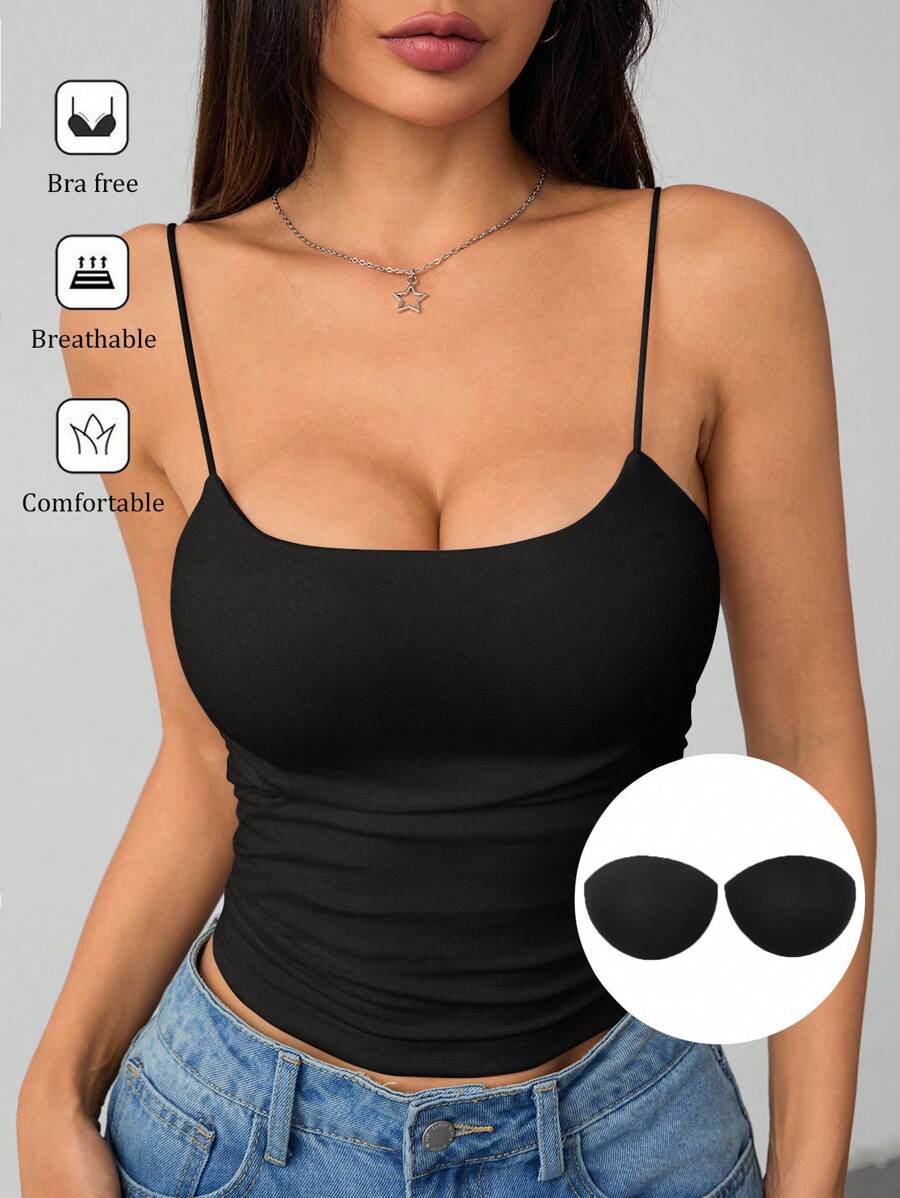 SHEIN EZwear Áo hai dây đen cỡ lớn có ngăn đựng cốc, dành cho sinh viên đại học, quần áo xuân hè - màu đen - Xem 1