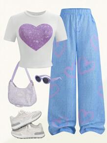 SHEIN 2pcs/Set Teenage Girls Casual Heart Graphic T-Shirt + Heart Print Wide Leg Pants, Elegant Leisure Outfit For Spring, Summer, Autumn, Holiday, School Young Girls Sets Outfit Set Teen