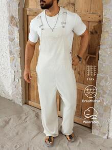 Manfinity RSRT Men's Linen Pocket Patched Overalls, Casual Versatile, Suitable For Travel & Vacation, Fall