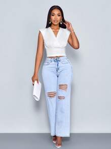 SOLERSUN Women's Spring Summer Fashionable Elegant White Solid Color Shoulder Pad Ruched Detail V Neck Tank Top - White - View 4