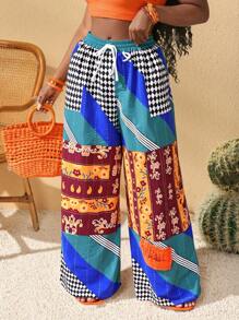 Slaydiva Pantaloni larghi multicolore in tessuto stampato con laccio, adatti per festival musicali, matrimoni e street style casual, per donne formose, nuova collezione primavera/estate 2025 - Multicolore - Visualizzare 4