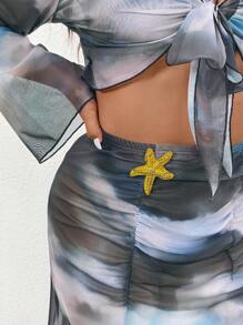 Firerie Plus Size Women's Elegant Vacation Beach French Vcay Tie-Dye Twist Knot Long Shirt + Camisole + Skirt + Leggings Set