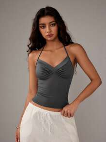 TRNVIE Versatile V-Neck Tie Spaghetti Strap Tank Top For Women - Dark Grey - View 1