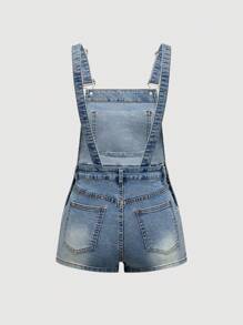 ROMWE Avant Women's Hawaiian Beach Vacation Style Hibiscus Embroidery & Rhinestone Denim Romper