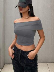 DAZY 1 件优雅露肩褶饰紧身上衣 T 恤，女式短款上衣，露肩上衣 - 灰色 - 查看 5