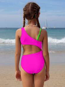 SHEIN Tween 女童拼色不对称领口霓虹色连体泳衣，腰部镂空设计，紫色沙滩装 - 彩色 - 查看 2