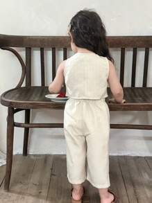 LMoss Kids LMoss Baby Girl Woven Plain Top And Loose Casual Pants Set, Setsisters Outfit - Apricot - View 2